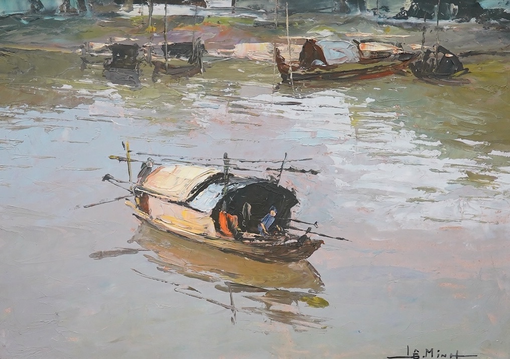 Le Minh (Vietnamese, b.1964), pair of oils on board, River scenes with Chinese junks, each signed, 23 x 33cm. Condition - good